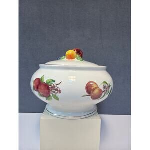 Vtg 1980s Teleflora Serving Bowl Lidded Fruit Pattern Gold Trim 8" Ceramic